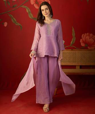 Lilac silk chiffon embroidered kurta set 1