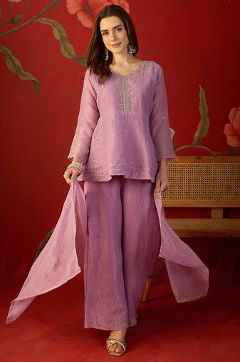 Lilac silk chiffon embroidered kurta set