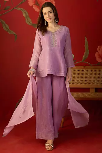 Lilac silk chiffon embroidered kurta set