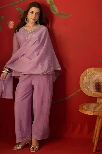 Lilac silk chiffon embroidered kurta set