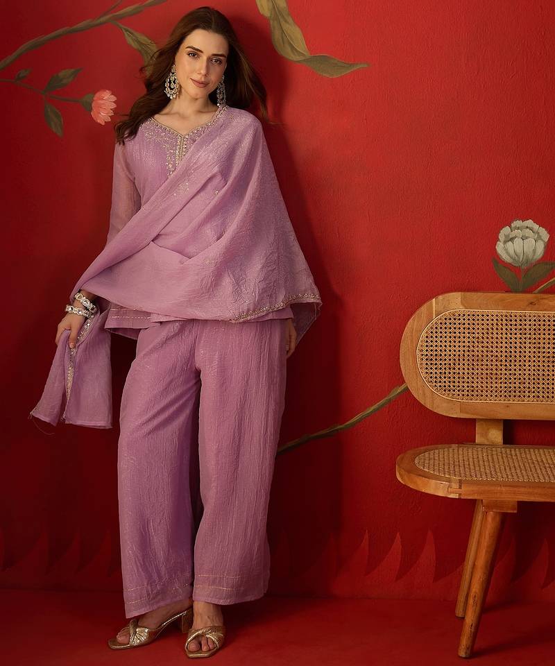Lilac silk chiffon embroidered kurta set