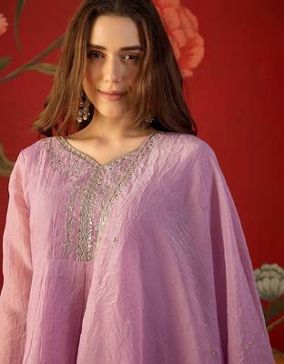 Lilac silk chiffon embroidered kurta set 4