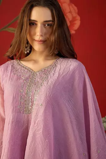 Lilac silk chiffon embroidered kurta set