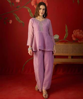 Lilac silk chiffon embroidered kurta set 5