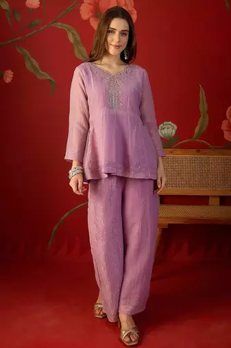 Lilac silk chiffon embroidered kurta set