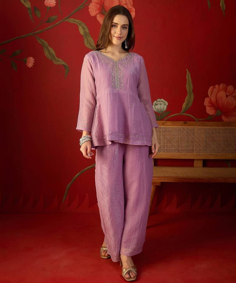 Lilac silk chiffon embroidered kurta set