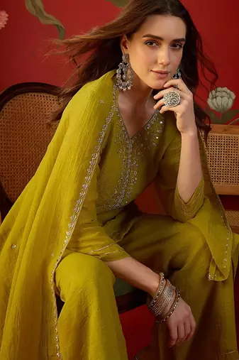Neon silk chiffon embroidered kurta set