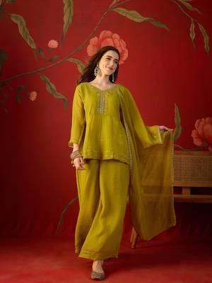 Neon silk chiffon embroidered kurta set 1