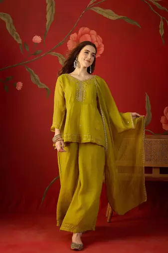 Neon silk chiffon embroidered kurta set