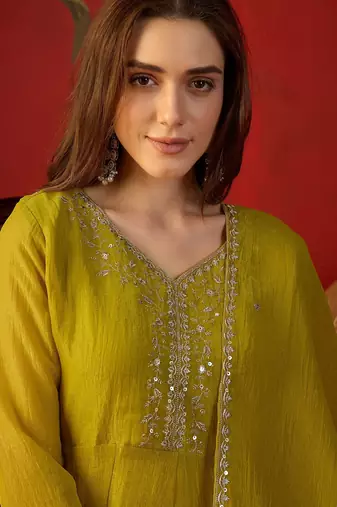 Neon silk chiffon embroidered kurta set