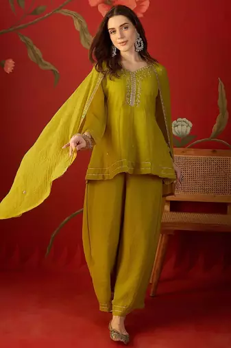 Neon silk chiffon embroidered kurta set
