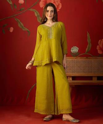 Neon silk chiffon embroidered kurta set 5