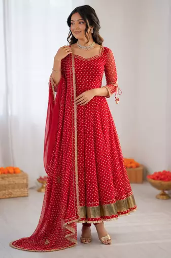 Red georgette digital printed designer anarkali suit
