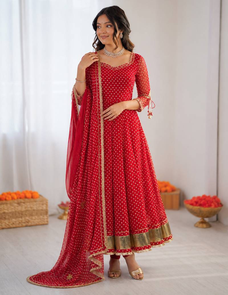 Red georgette digital printed designer anarkali suit