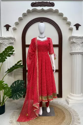Red georgette digital printed designer anarkali suit