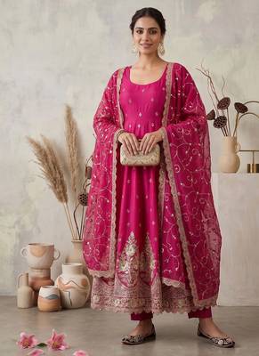 Rani pink colour embroidered georgette anarkali suit set with dupatta & pant 2