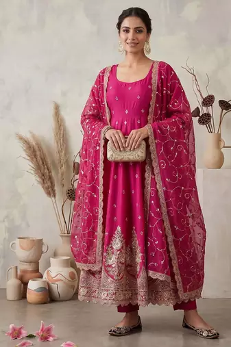 Rani pink colour embroidered georgette anarkali suit set with dupatta & pant