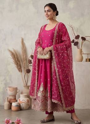 Rani pink colour embroidered georgette anarkali suit set with dupatta & pant 3