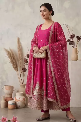 Rani pink colour embroidered georgette anarkali suit set with dupatta & pant