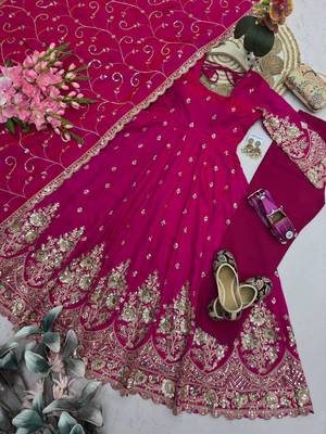 Rani pink colour embroidered georgette anarkali suit set with dupatta & pant 4