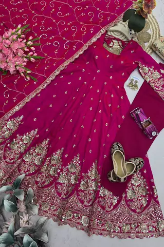 Rani pink colour embroidered georgette anarkali suit set with dupatta & pant