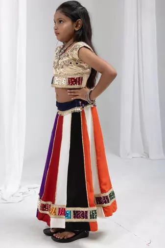 Navratri special multicolor kali with lace work lehenga & real mirror lace work blouse for kids