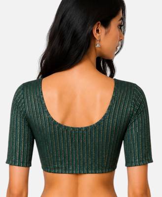 Bottle green spandex golden zari straight line stretchable readymade saree blouse 2