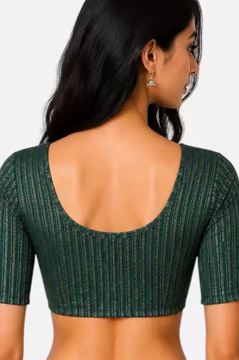 Bottle green spandex golden zari straight line stretchable readymade saree blouse