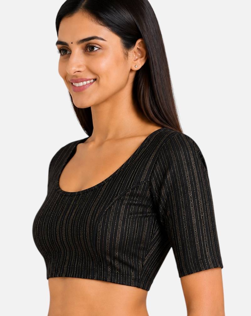 Black spandex golden zari straight line stretchable readymade saree blouse