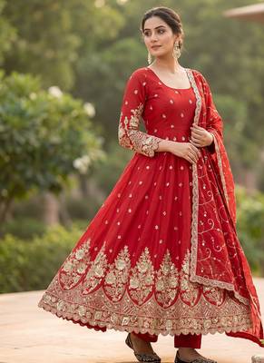Red colour embroidered georgette anarkali suit set with dupatta & pant 1