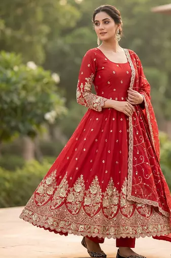 Red colour embroidered georgette anarkali suit set with dupatta & pant