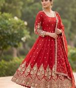 Red colour embroidered georgette anarkali suit set with dupatta & pant