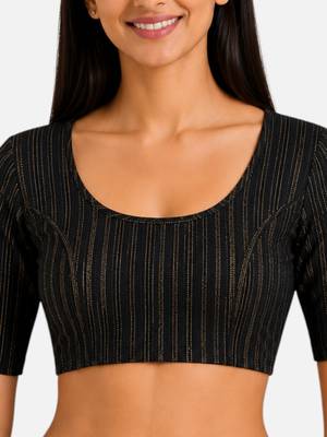 Black spandex golden zari straight line stretchable readymade saree blouse 5