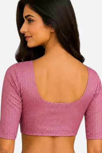 Baby pink spandex golden zari straight line stretchable readymade saree blouse