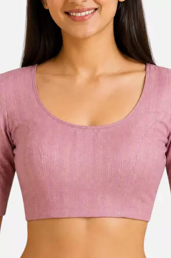 Baby pink spandex golden zari straight line stretchable readymade saree blouse