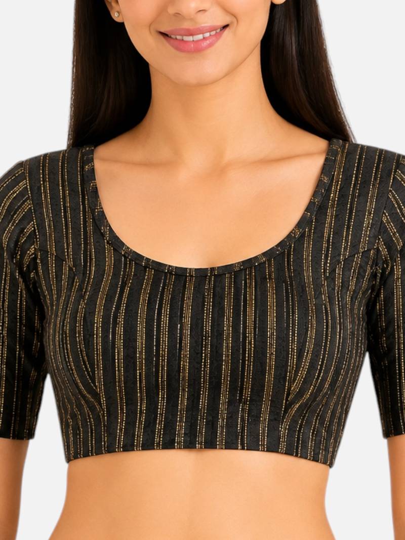 Brown spandex golden zari straight line stretchable readymade saree blouse