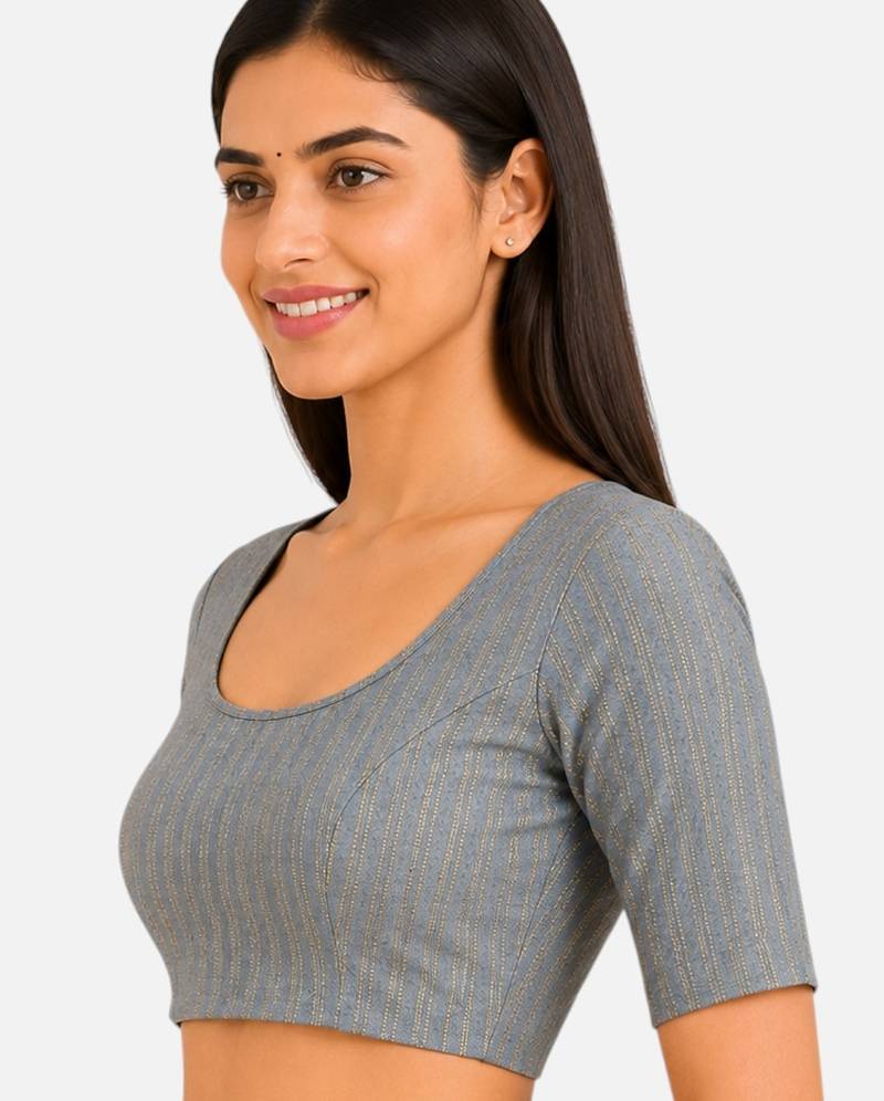 Grey spandex golden zari straight line stretchable readymade saree blouse