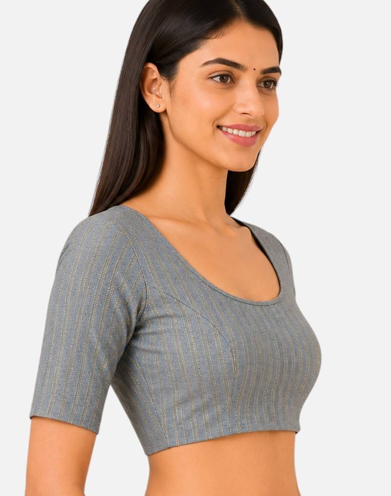 Grey spandex golden zari straight line stretchable readymade saree blouse