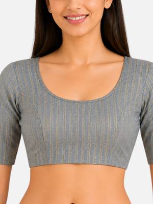 Grey spandex golden zari straight line stretchable readymade saree blouse 5