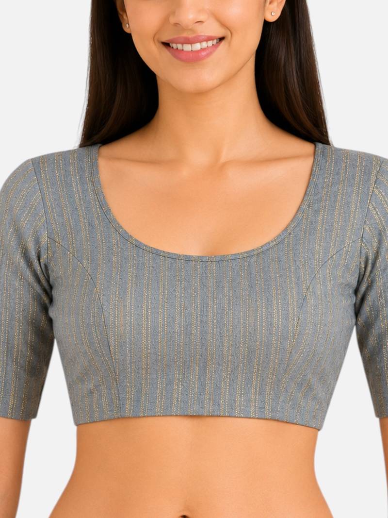 Grey spandex golden zari straight line stretchable readymade saree blouse
