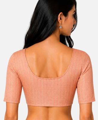 Peach spandex golden zari straight line stretchable readymade saree blouse 2
