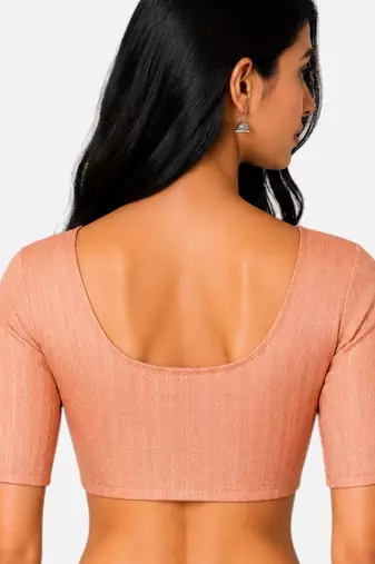 Peach spandex golden zari straight line stretchable readymade saree blouse