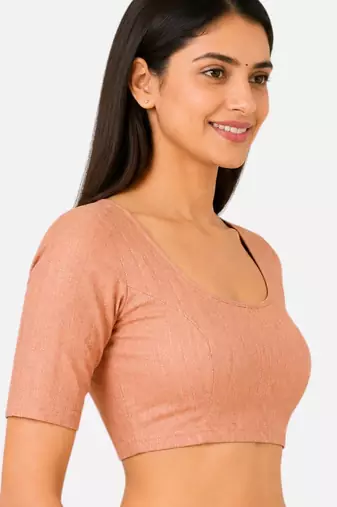 Peach spandex golden zari straight line stretchable readymade saree blouse