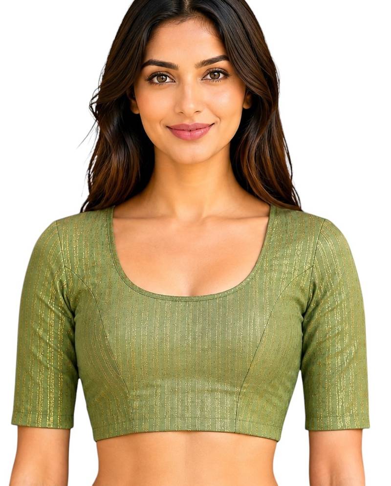 Pista green spandex golden zari straight line stretchable readymade saree blouse