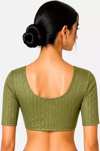 Pista green spandex golden zari straight line stretchable readymade saree blouse