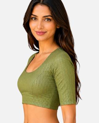 Pista green spandex golden zari straight line stretchable readymade saree blouse 4