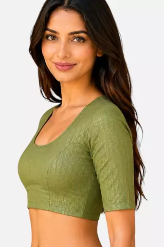 Pista green spandex golden zari straight line stretchable readymade saree blouse