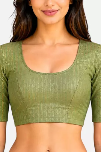 Pista green spandex golden zari straight line stretchable readymade saree blouse