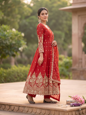 Red colour embroidered georgette anarkali suit set with dupatta & pant 2