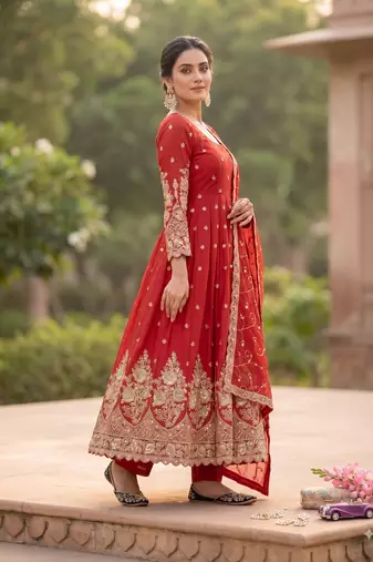 Red colour embroidered georgette anarkali suit set with dupatta & pant